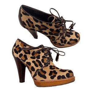 Coach Tullah Leopard Calf Hair Lace Up Platform Heels Booties Size 7